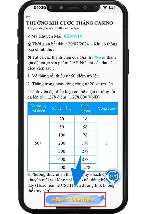 Bước 3 : Bấm vào Đăng Ký Nhận Ngay